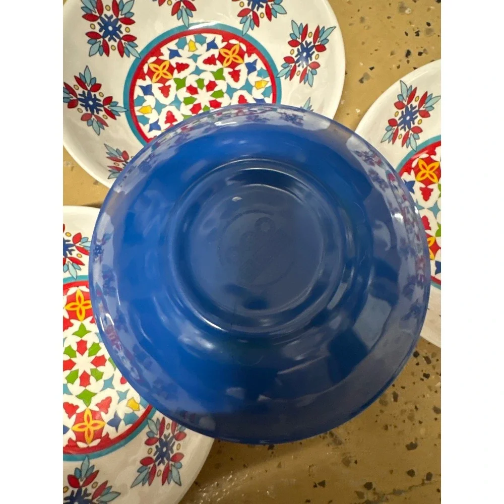 Set of 4 Melamine Bowls Blue Multi Color Geometric Floral Pattern Outdoor Dining